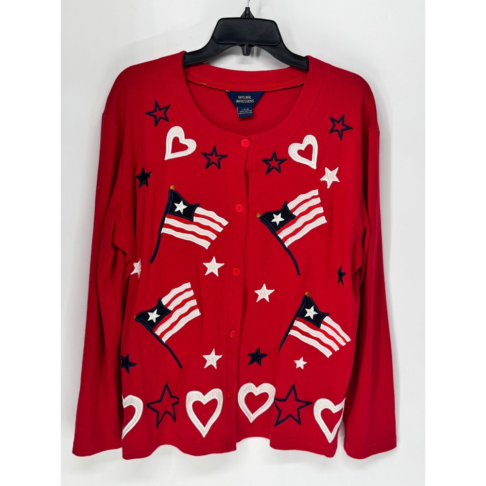 Natural Impressions Cardigan Womens L Red Good Patriotic Flag Heart Stars Cotton